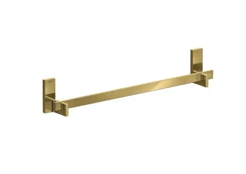 Goldfarbener Handtuchhalter aus der AXOR Kollektion, rechteckige Form, montiert mit quadratischen Endstücken, auf weißem Hintergrund.